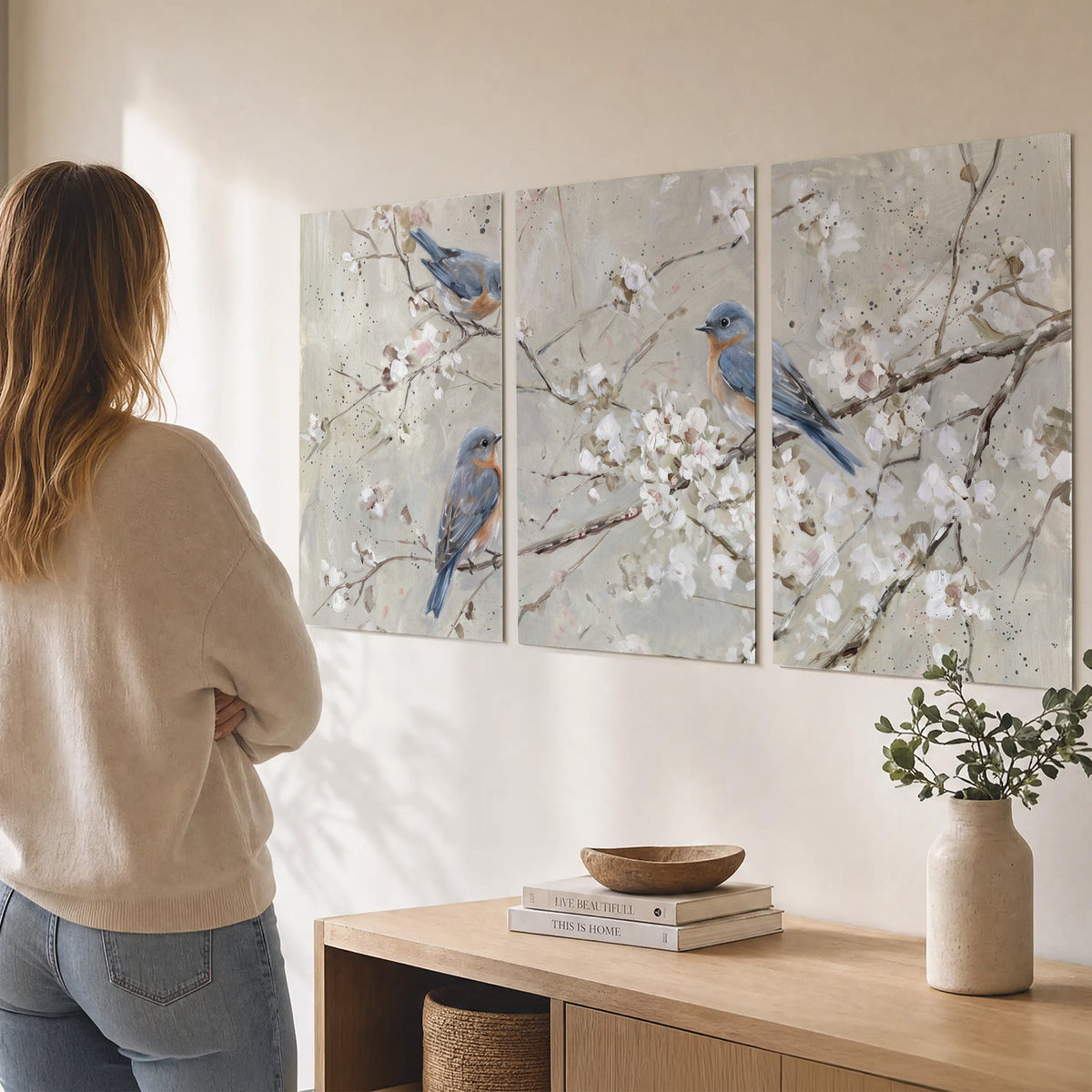 Bluebirds perched on delicate white flowering branches against pale sage set of 3 poster prints three panel arrangement on a wall