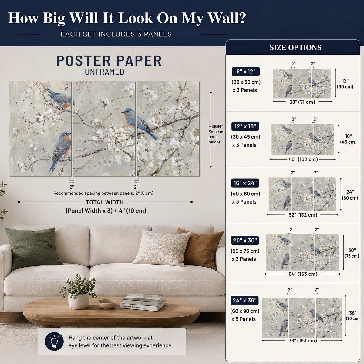 Bluebirds perched on delicate white flowering branches against pale sage set of 3 poster prints size guide above a sofa; room view is illustrative