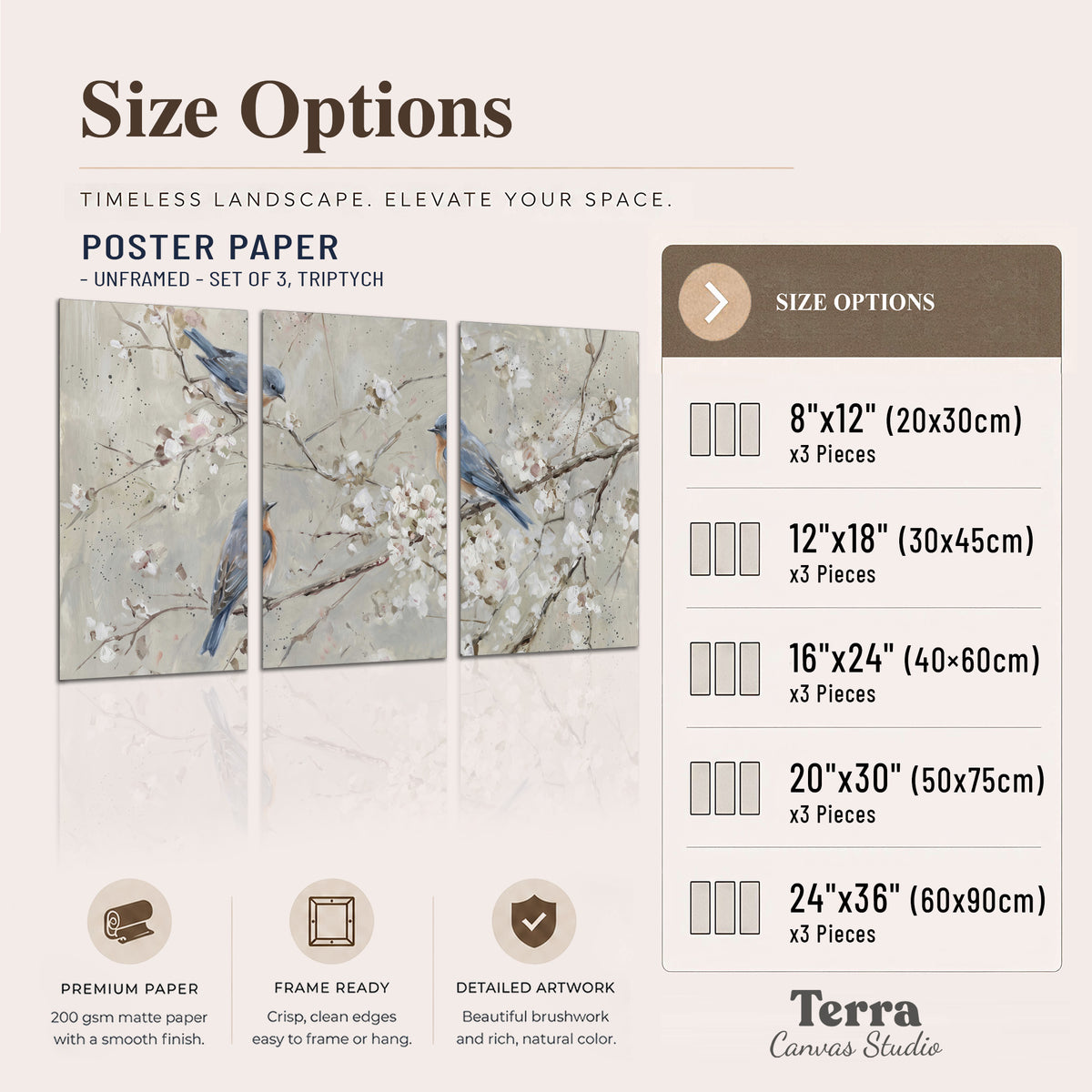 Bluebirds perched on delicate white flowering branches against pale sage set of 3 poster prints available dimensions; triptych dimensions are per panel