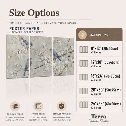 Bluebirds perched on delicate white flowering branches against pale sage set of 3 poster prints available dimensions; triptych dimensions are per panel