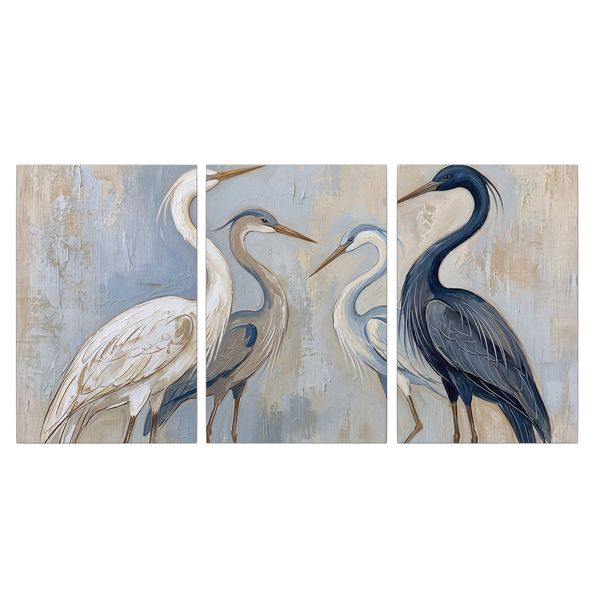 Three long-necked herons in soft ivory and dark blue against pale blue-gray 3 piece canvas wall art viewed straight on