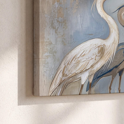 Three long-necked herons in soft ivory and dark blue against pale blue-gray 3 piece canvas wall art material and edge close up