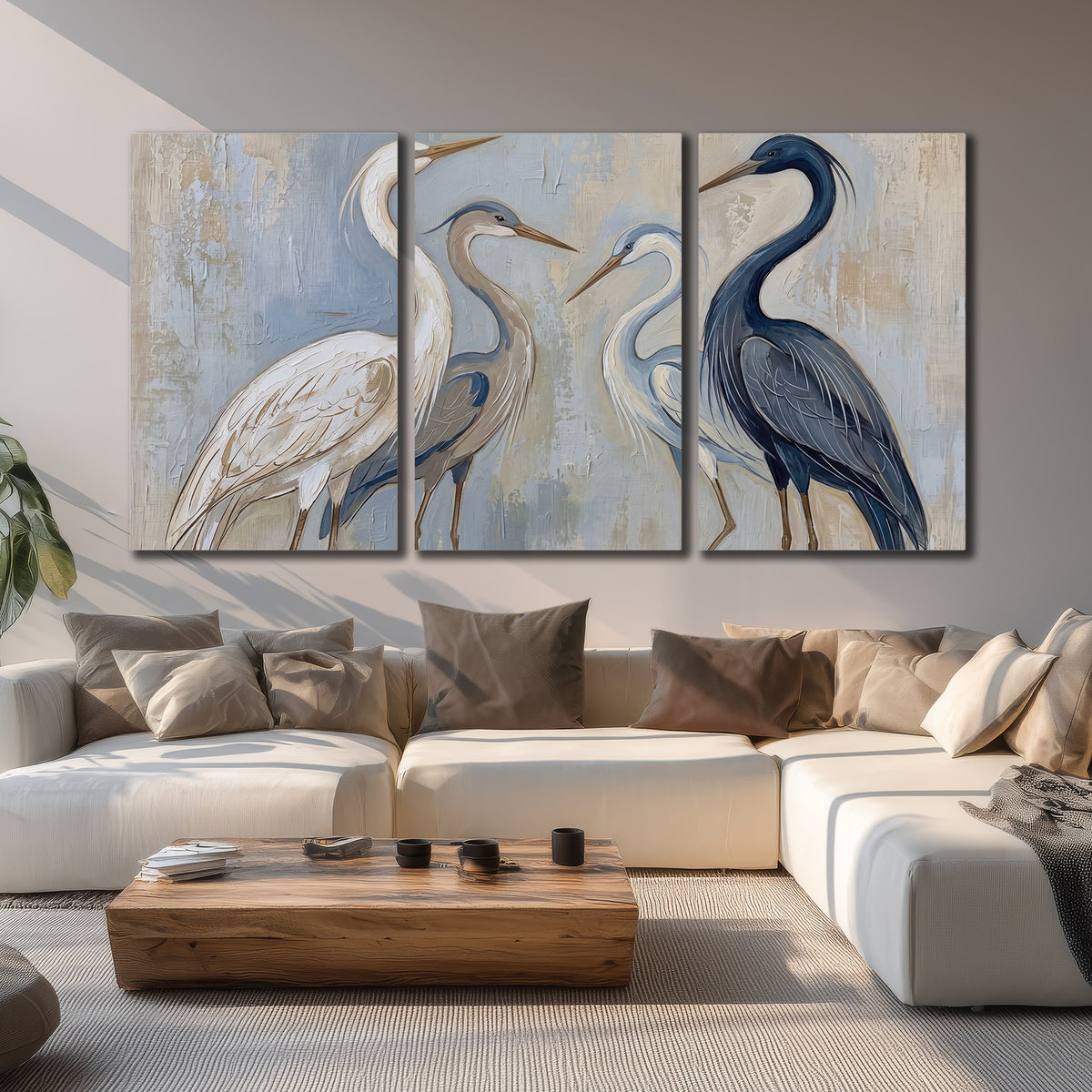 Three long-necked herons in soft ivory and dark blue against pale blue-gray 3 piece canvas wall art displayed in a living room