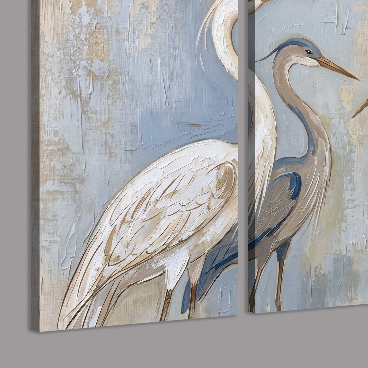 Three long-necked herons in soft ivory and dark blue against pale blue-gray 3 piece canvas wall art room and product view