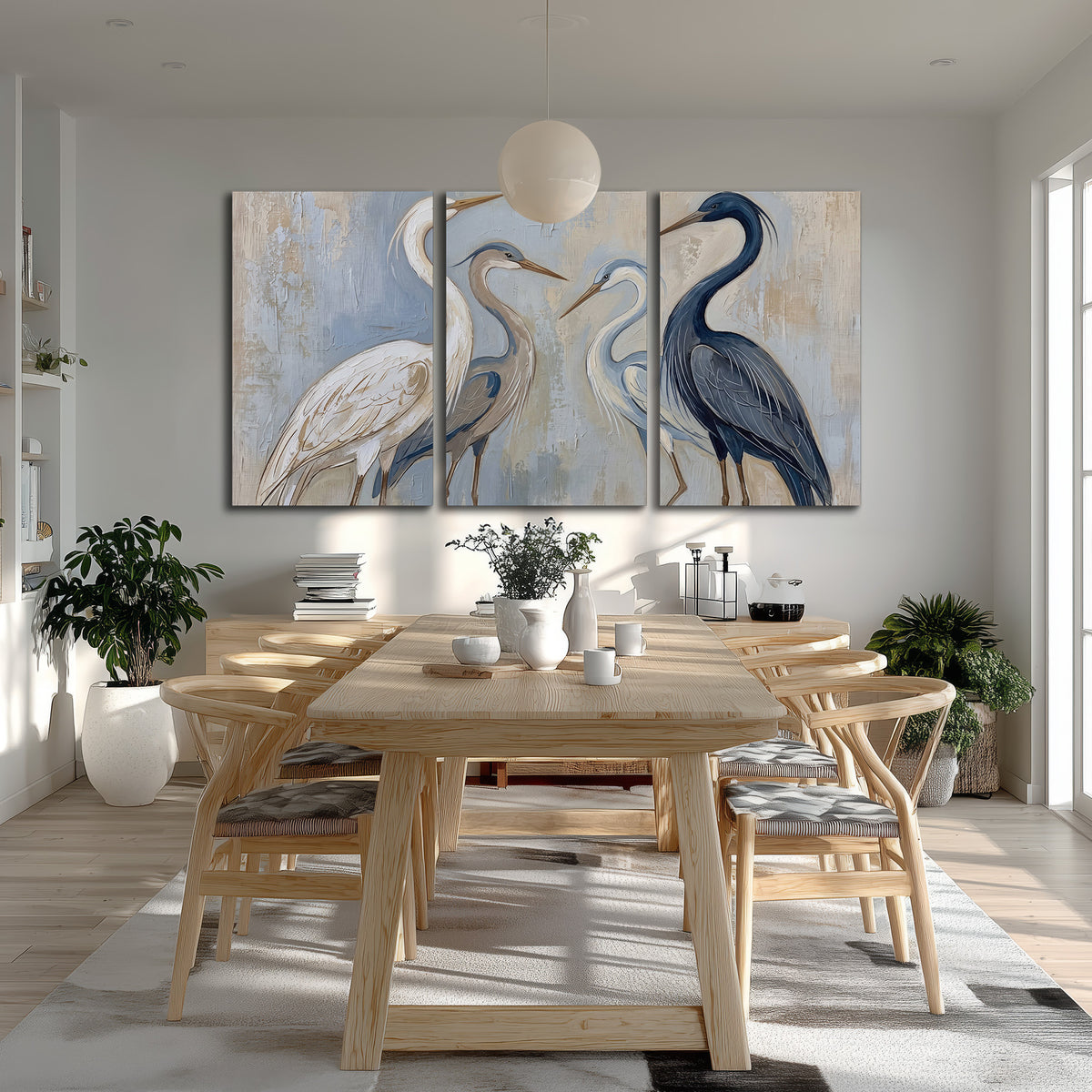 Three long-necked herons in soft ivory and dark blue against pale blue-gray 3 piece canvas wall art room and product view