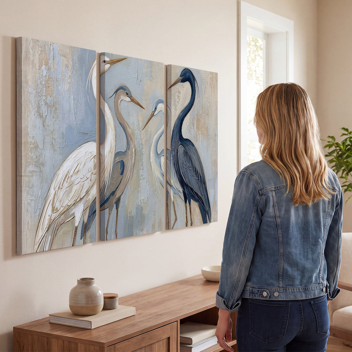 Three long-necked herons in soft ivory and dark blue against pale blue-gray 3 piece canvas wall art three panel arrangement on a wall