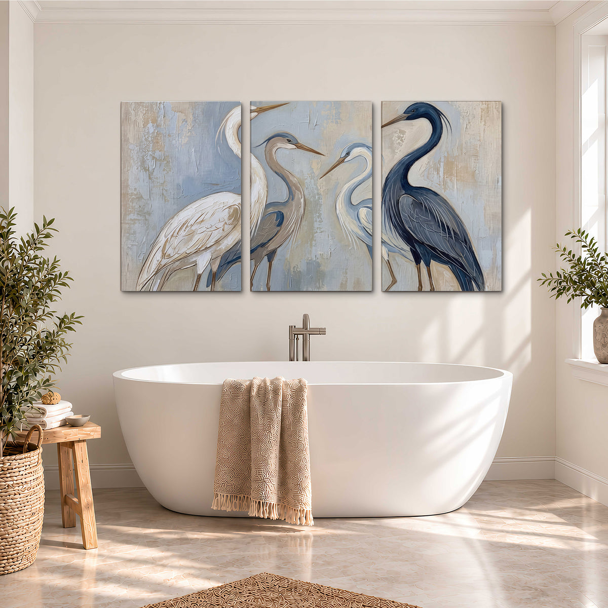 Three long-necked herons in soft ivory and dark blue against pale blue-gray 3 piece canvas wall art styled in an interior