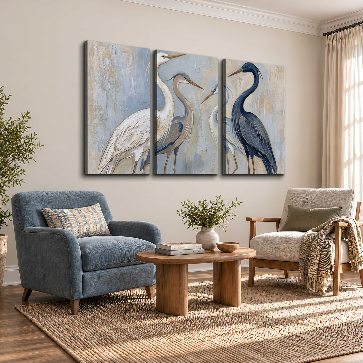 Three long-necked herons in soft ivory and dark blue against pale blue-gray 3 piece canvas wall art styled in an interior