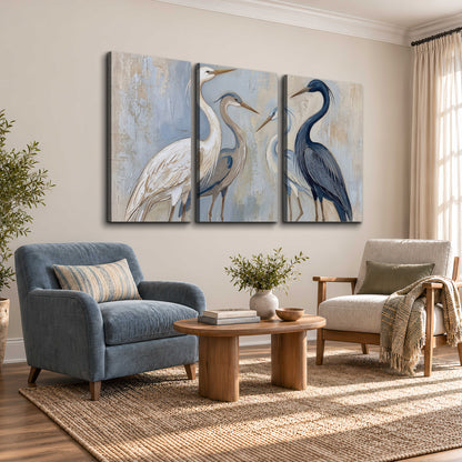 Three long-necked herons in soft ivory and dark blue against pale blue-gray 3 piece canvas wall art styled in an interior