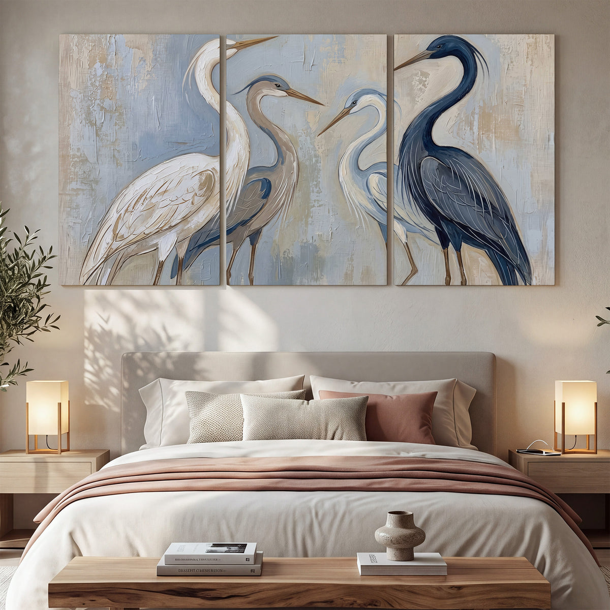 Three long-necked herons in soft ivory and dark blue against pale blue-gray 3 piece canvas wall art displayed in a bedroom