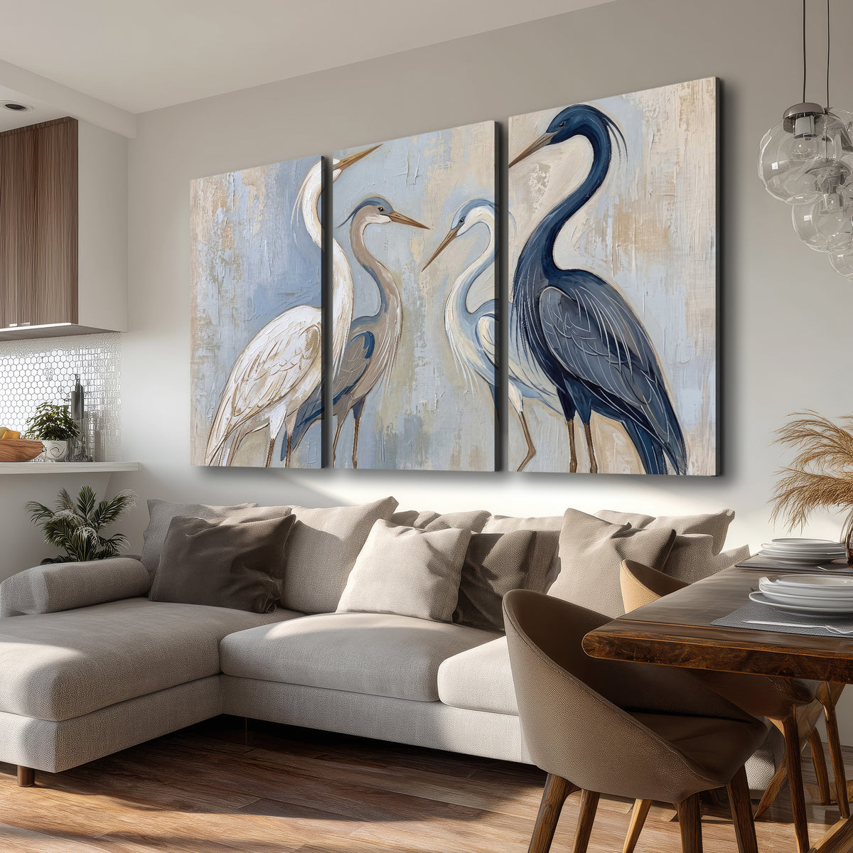 Three long-necked herons in soft ivory and dark blue against pale blue-gray 3 piece canvas wall art room and product view