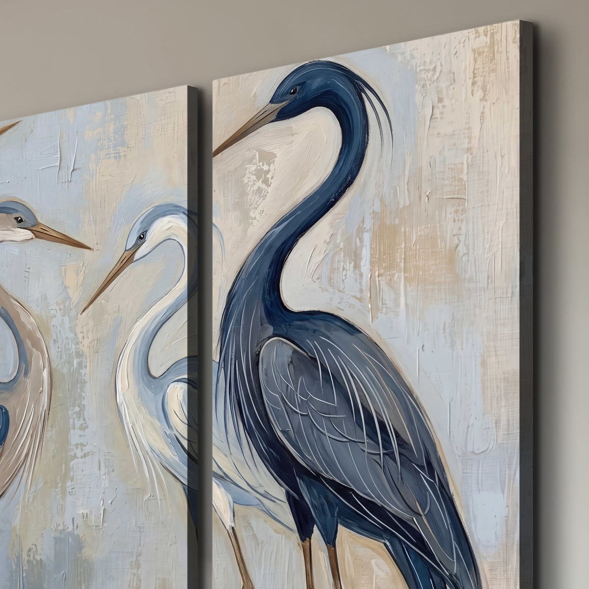 Three long-necked herons in soft ivory and dark blue against pale blue-gray 3 piece canvas wall art room and product view