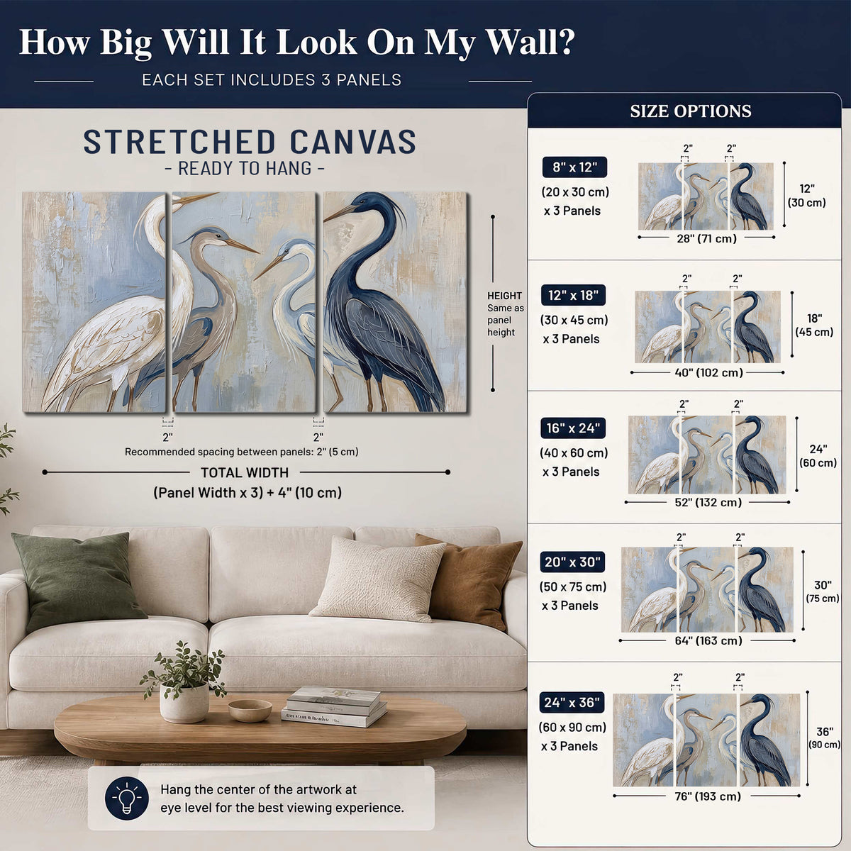 Three long-necked herons in soft ivory and dark blue against pale blue-gray 3 piece canvas wall art size guide above a sofa; room view is illustrative