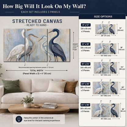 Three long-necked herons in soft ivory and dark blue against pale blue-gray 3 piece canvas wall art size guide above a sofa; room view is illustrative