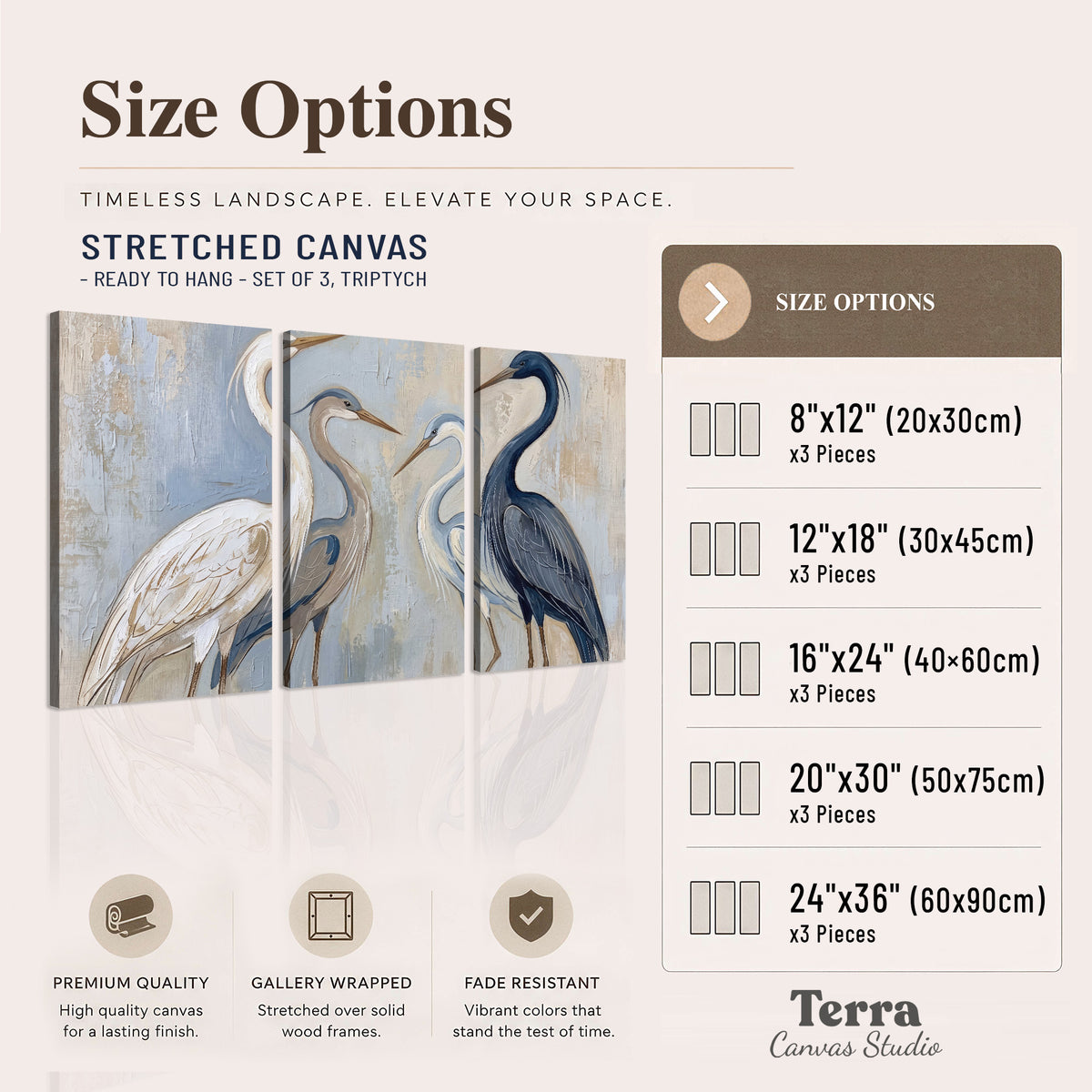 Three long-necked herons in soft ivory and dark blue against pale blue-gray 3 piece canvas wall art available dimensions; triptych dimensions are per panel
