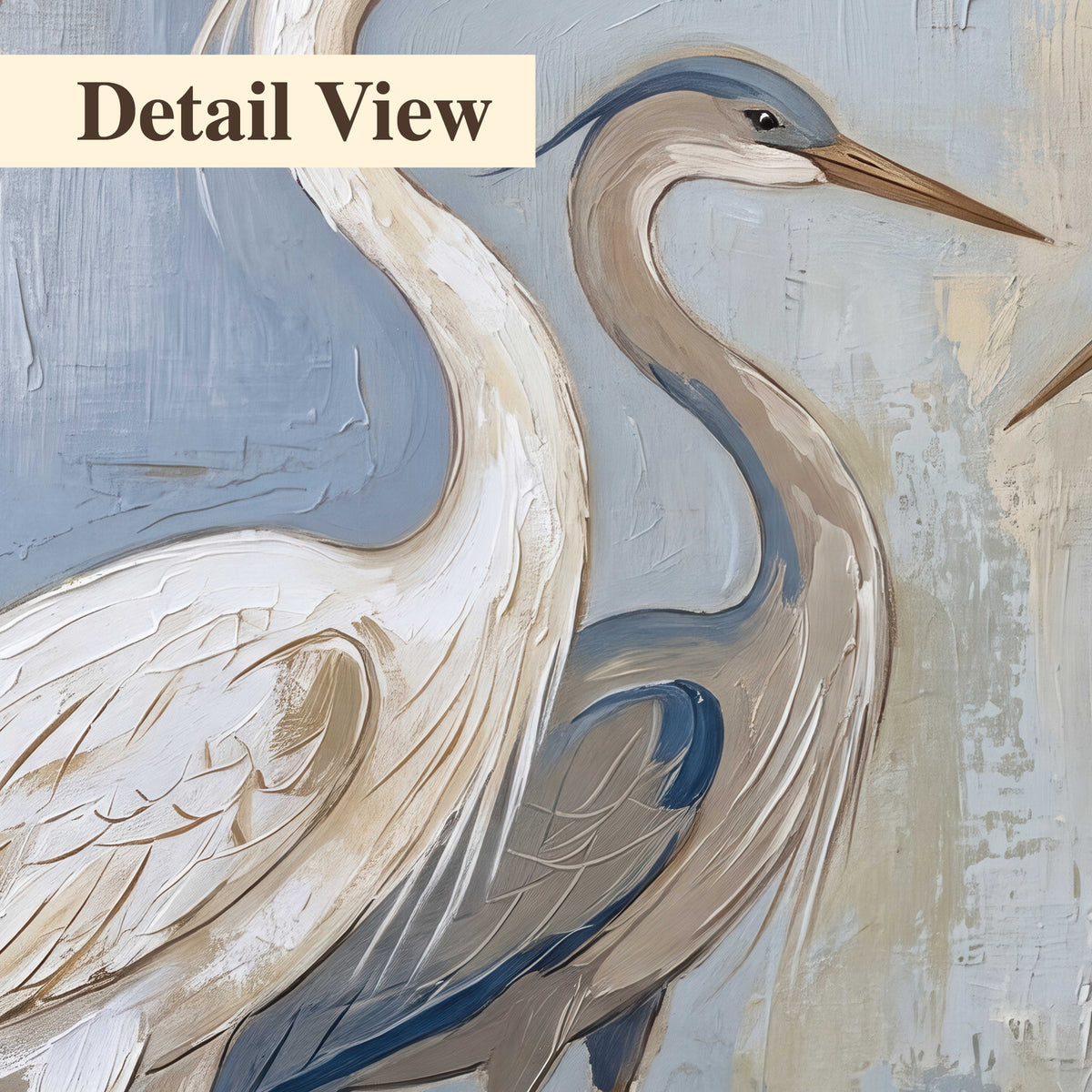 Three long-necked herons in soft ivory and dark blue against pale blue-gray 3 piece canvas wall art artwork detail close up