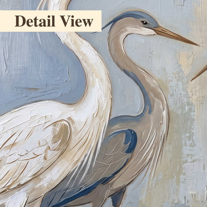 Three long-necked herons in soft ivory and dark blue against pale blue-gray 3 piece canvas wall art artwork detail close up