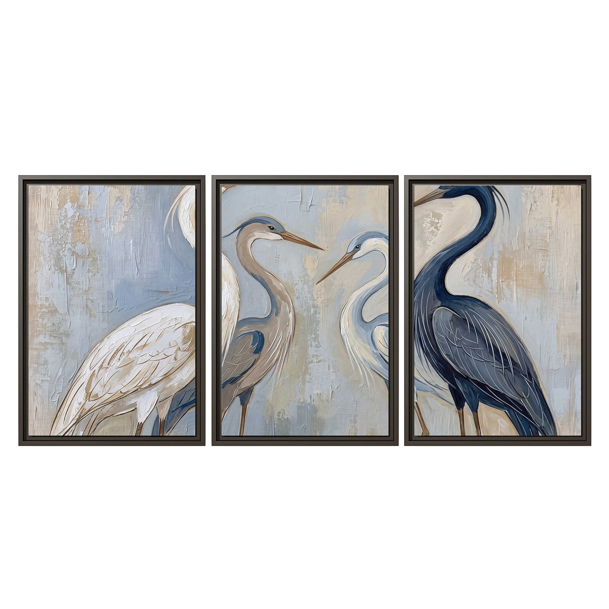 Three long-necked herons in soft ivory and dark blue against pale blue-gray 3 piece framed canvas wall art viewed straight on