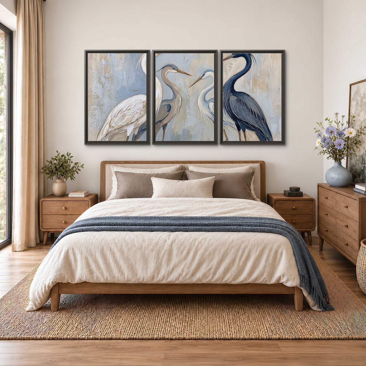 Three long-necked herons in soft ivory and dark blue against pale blue-gray 3 piece framed canvas wall art styled in an interior