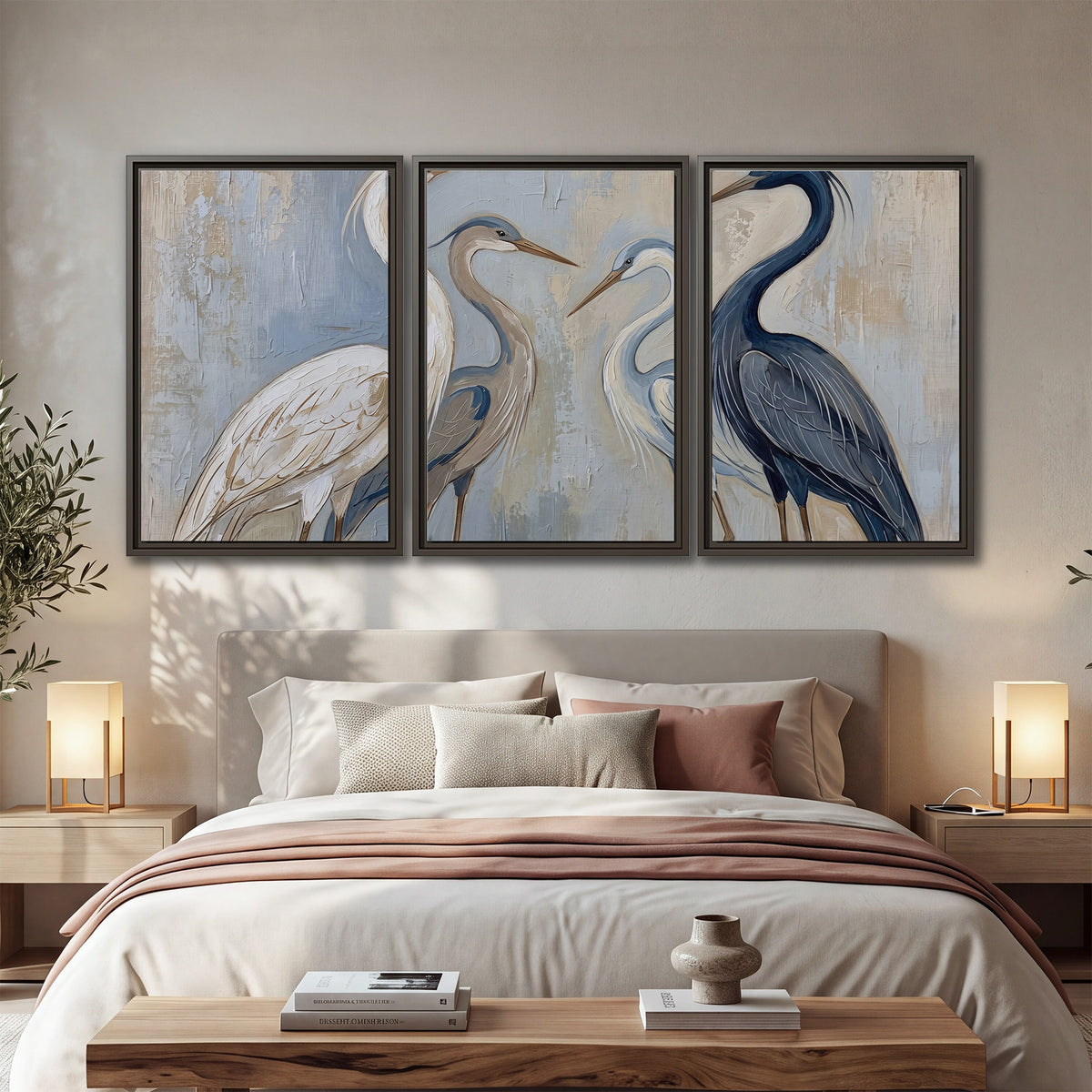 Three long-necked herons in soft ivory and dark blue against pale blue-gray 3 piece framed canvas wall art displayed in a bedroom