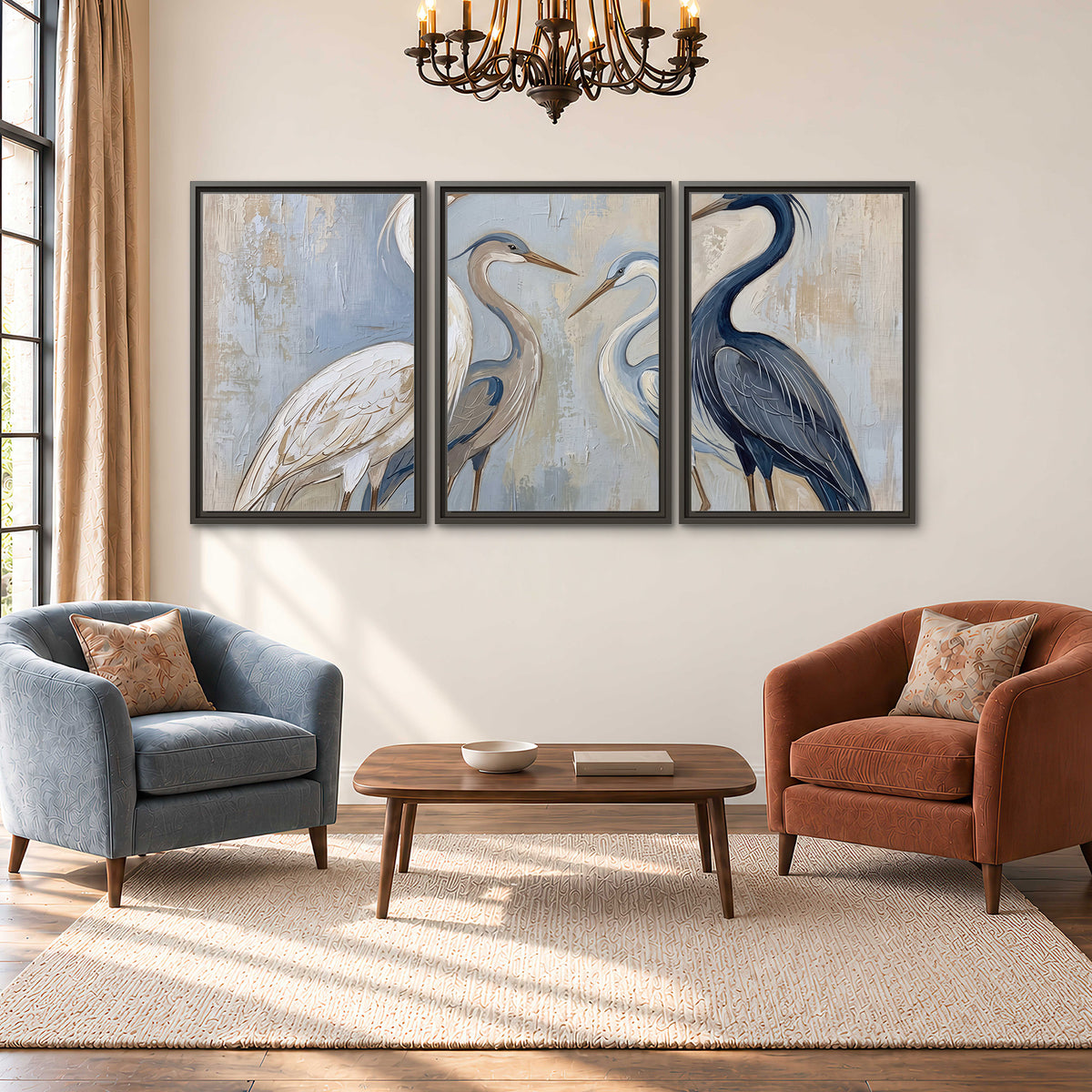 Three long-necked herons in soft ivory and dark blue against pale blue-gray 3 piece framed canvas wall art styled in an interior