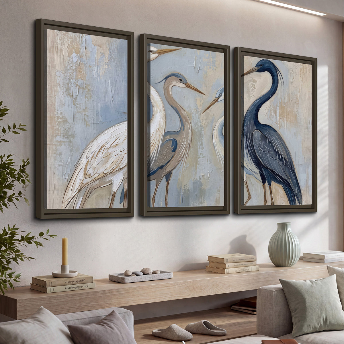 Three long-necked herons in soft ivory and dark blue against pale blue-gray 3 piece framed canvas wall art displayed in a console