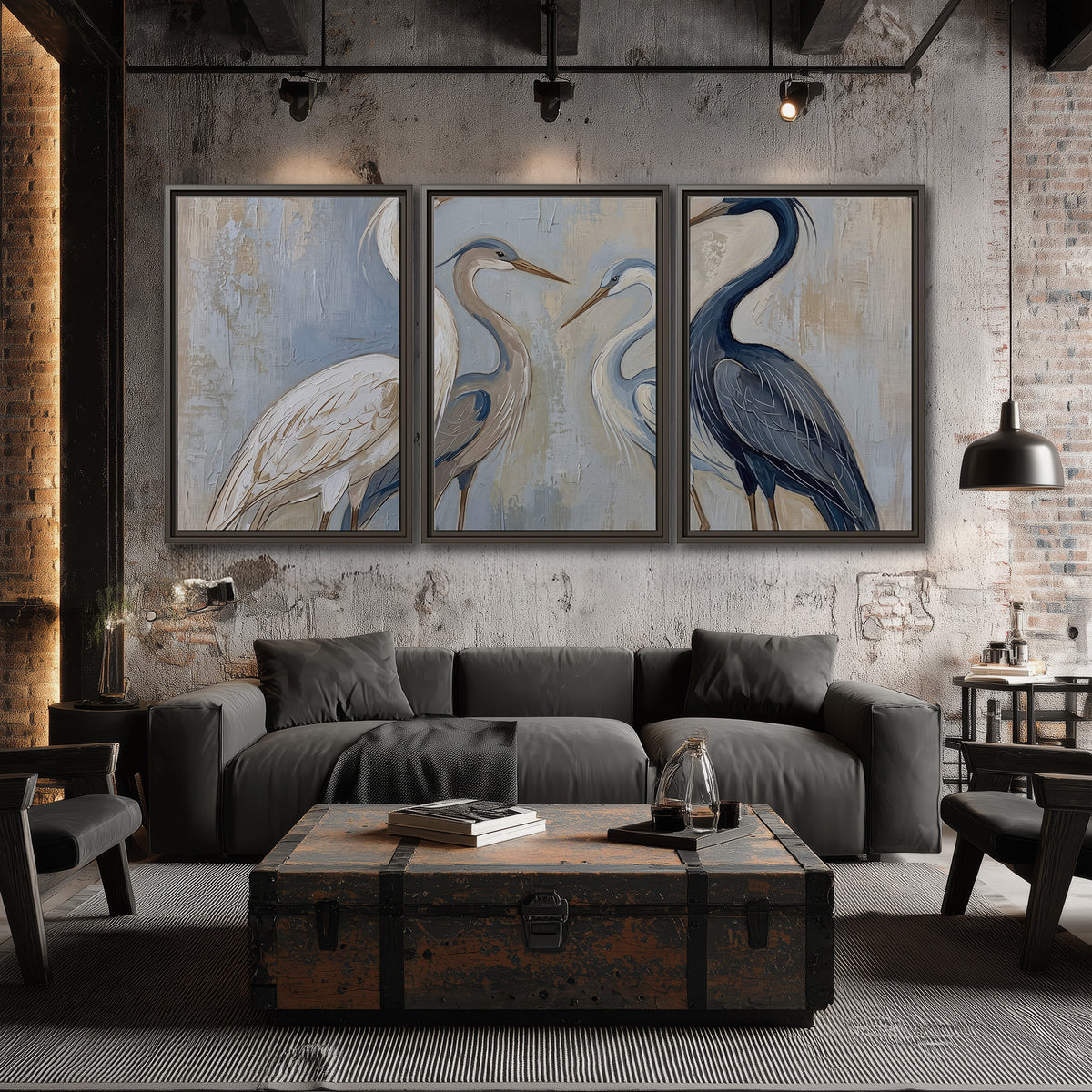 Three long-necked herons in soft ivory and dark blue against pale blue-gray 3 piece framed canvas wall art displayed in a industrial room