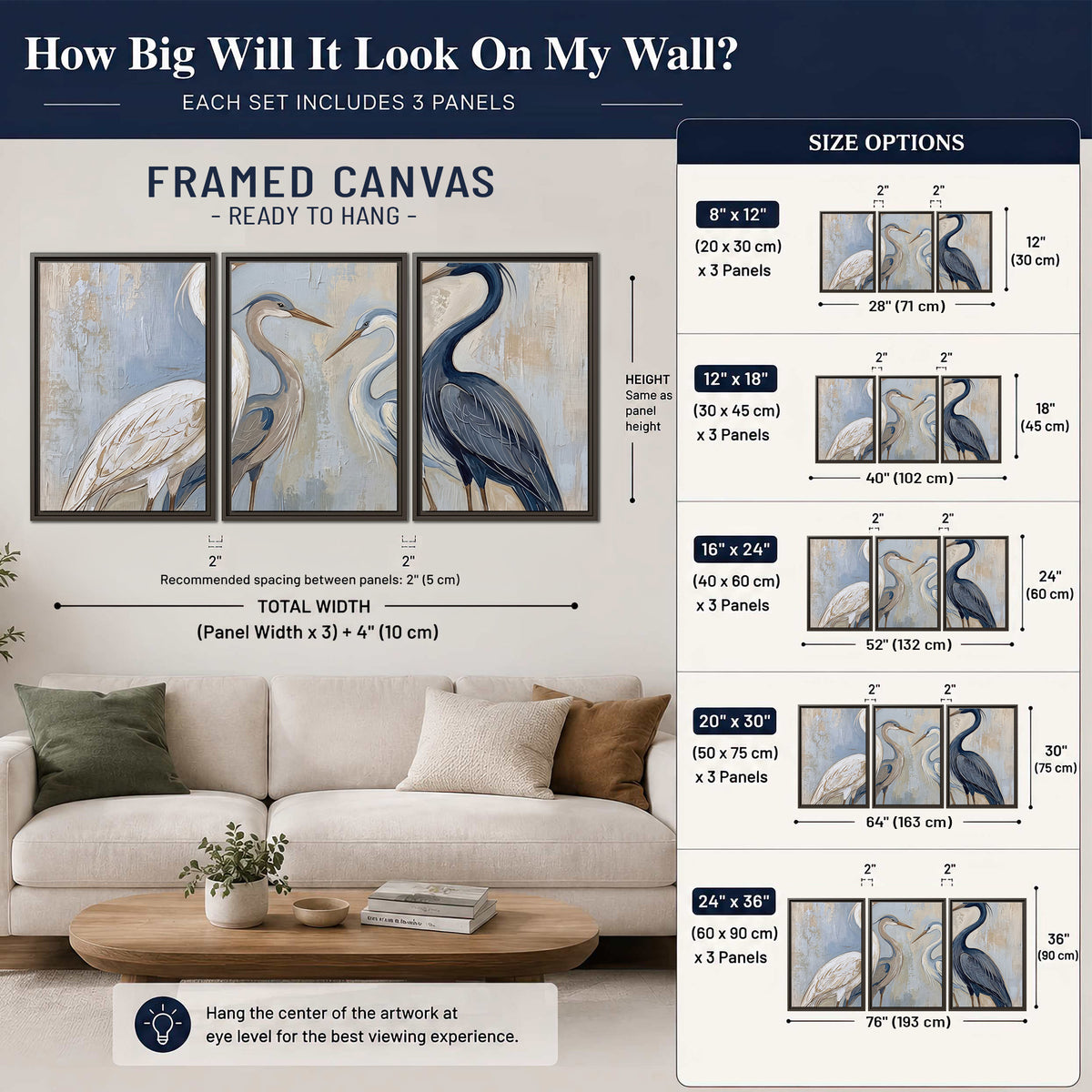 Three long-necked herons in soft ivory and dark blue against pale blue-gray 3 piece framed canvas wall art size guide above a sofa; room view is illustrative