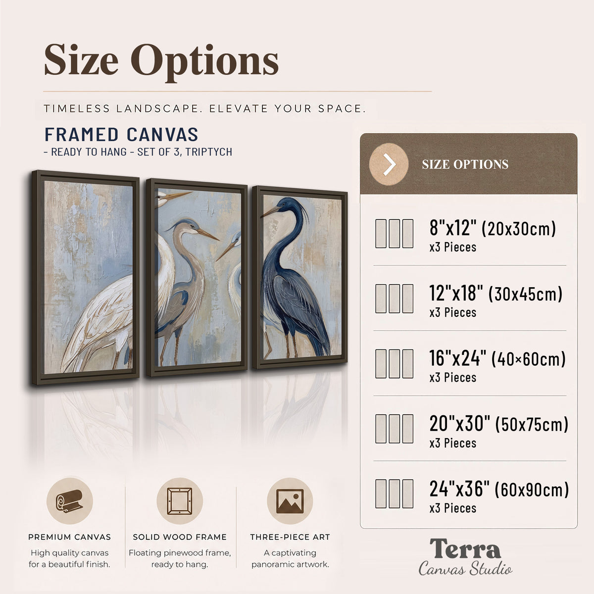 Three long-necked herons in soft ivory and dark blue against pale blue-gray 3 piece framed canvas wall art available dimensions; triptych dimensions are per panel
