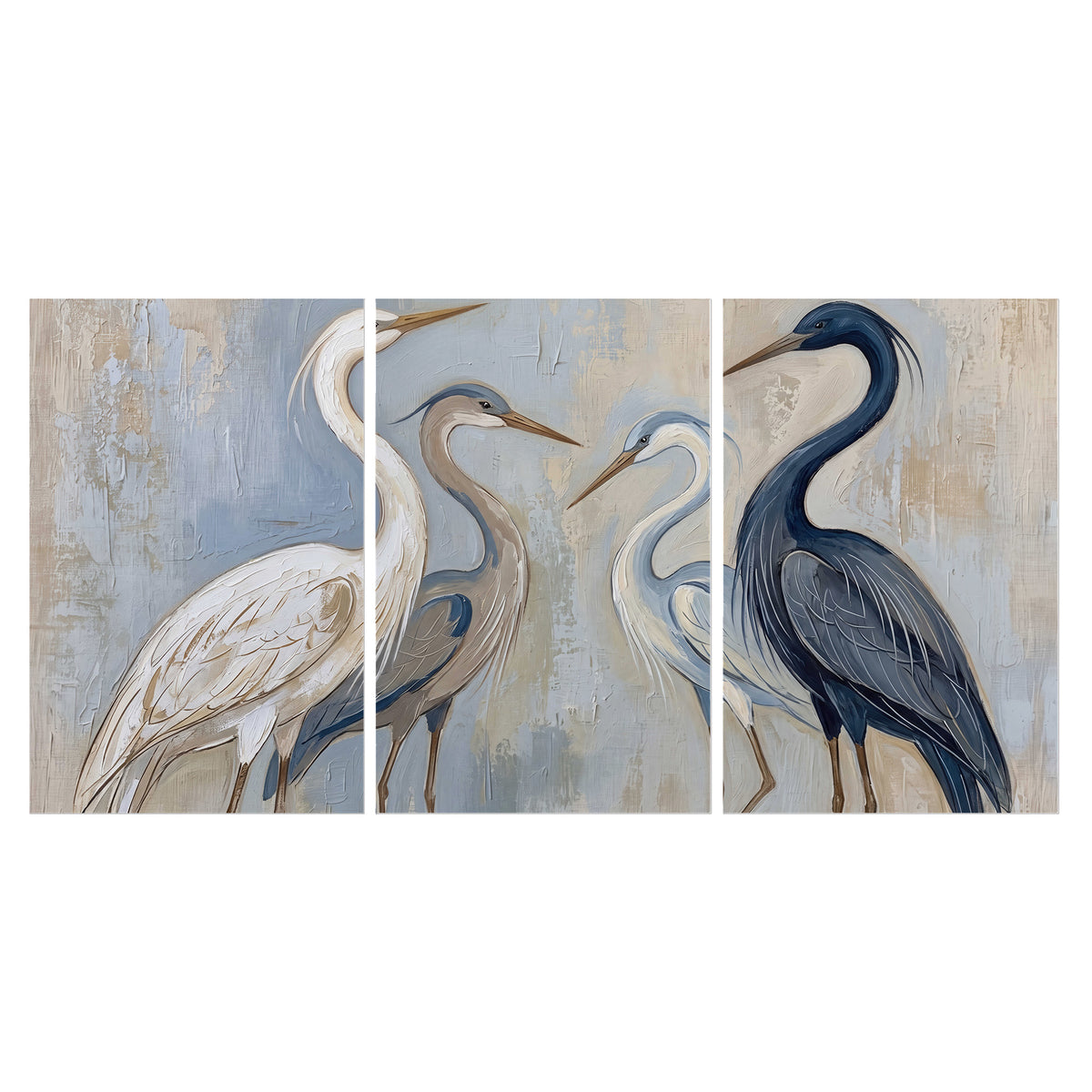 Three long-necked herons in soft ivory and dark blue against pale blue-gray set of 3 poster prints viewed straight on
