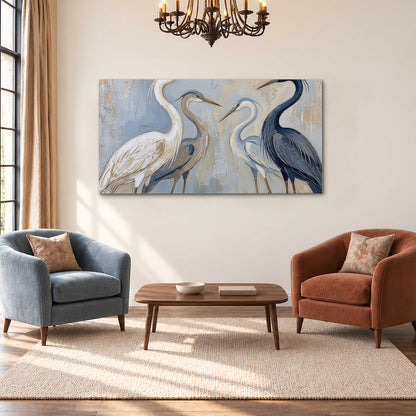 Three long-necked herons in soft ivory and dark blue against pale blue-gray single canvas wall art styled in an interior