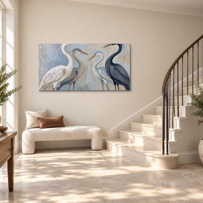 Three long-necked herons in soft ivory and dark blue against pale blue-gray single canvas wall art styled in an interior