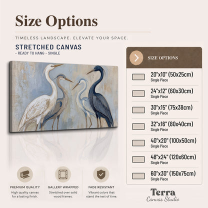 Three long-necked herons in soft ivory and dark blue against pale blue-gray single canvas wall art available dimensions