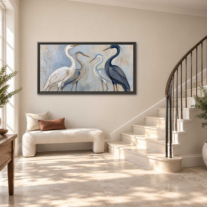 Three long-necked herons in soft ivory and dark blue against pale blue-gray single framed canvas wall art styled in an interior