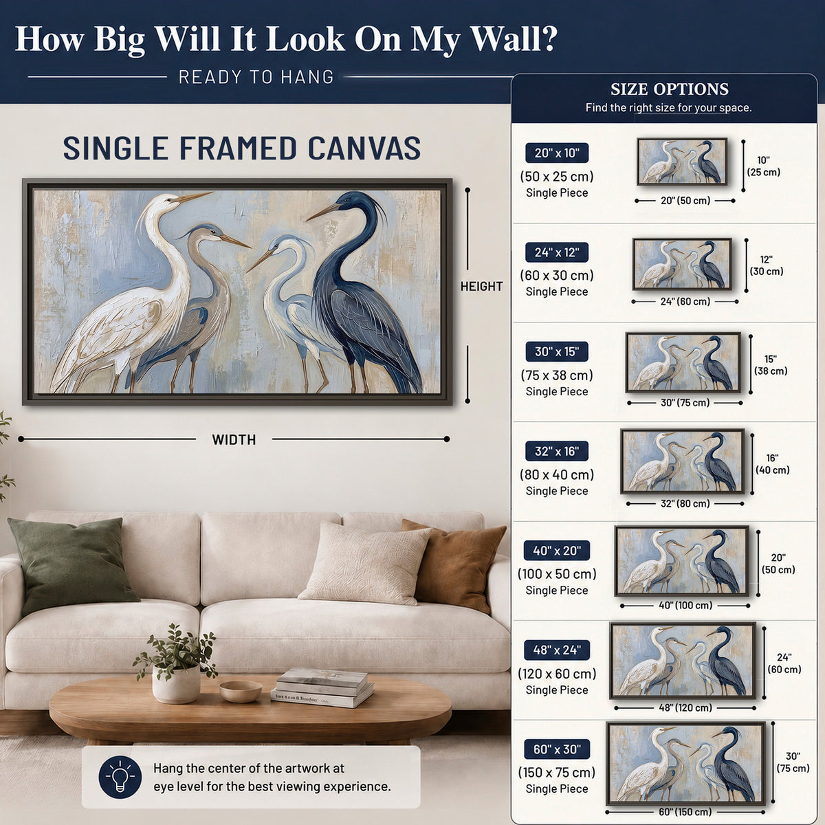 Three long-necked herons in soft ivory and dark blue against pale blue-gray single framed canvas wall art size guide above a sofa; room view is illustrative