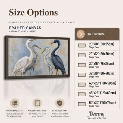 Three long-necked herons in soft ivory and dark blue against pale blue-gray single framed canvas wall art available dimensions