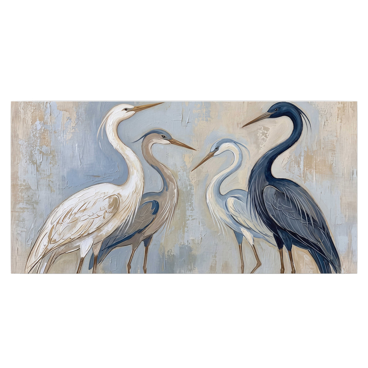 Three long-necked herons in soft ivory and dark blue against pale blue-gray single poster print viewed straight on