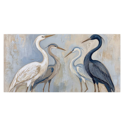 Three long-necked herons in soft ivory and dark blue against pale blue-gray single poster print viewed straight on