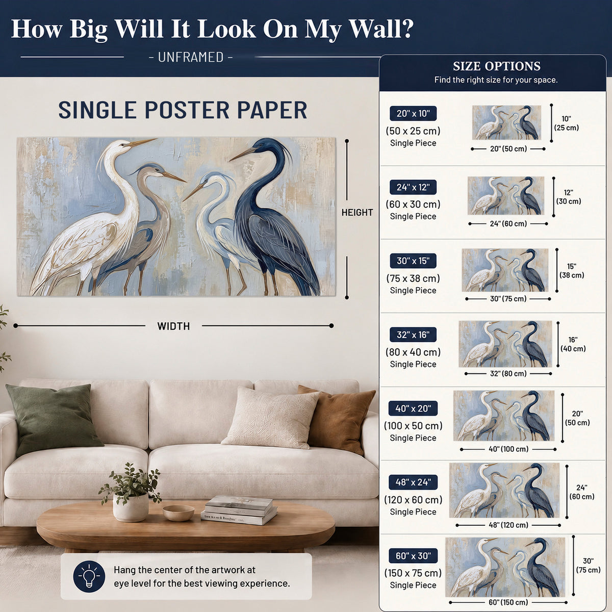 Three long-necked herons in soft ivory and dark blue against pale blue-gray single poster print size guide above a sofa; room view is illustrative