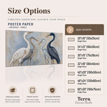 Three long-necked herons in soft ivory and dark blue against pale blue-gray single poster print available dimensions