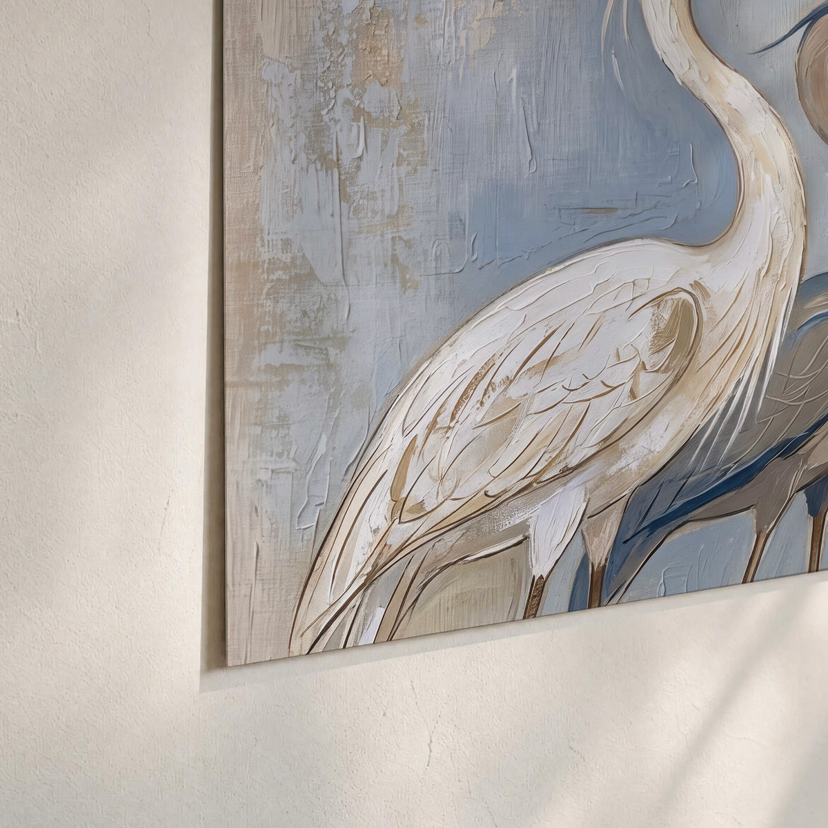 Three long-necked herons in soft ivory and dark blue against pale blue-gray set of 3 poster prints material and edge close up