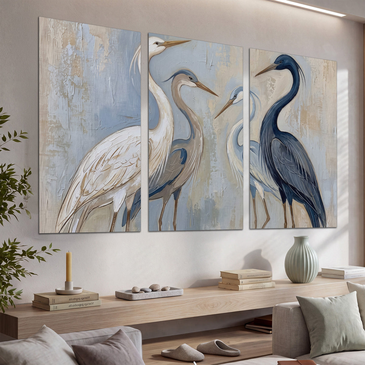 Three long-necked herons in soft ivory and dark blue against pale blue-gray set of 3 poster prints displayed in a console