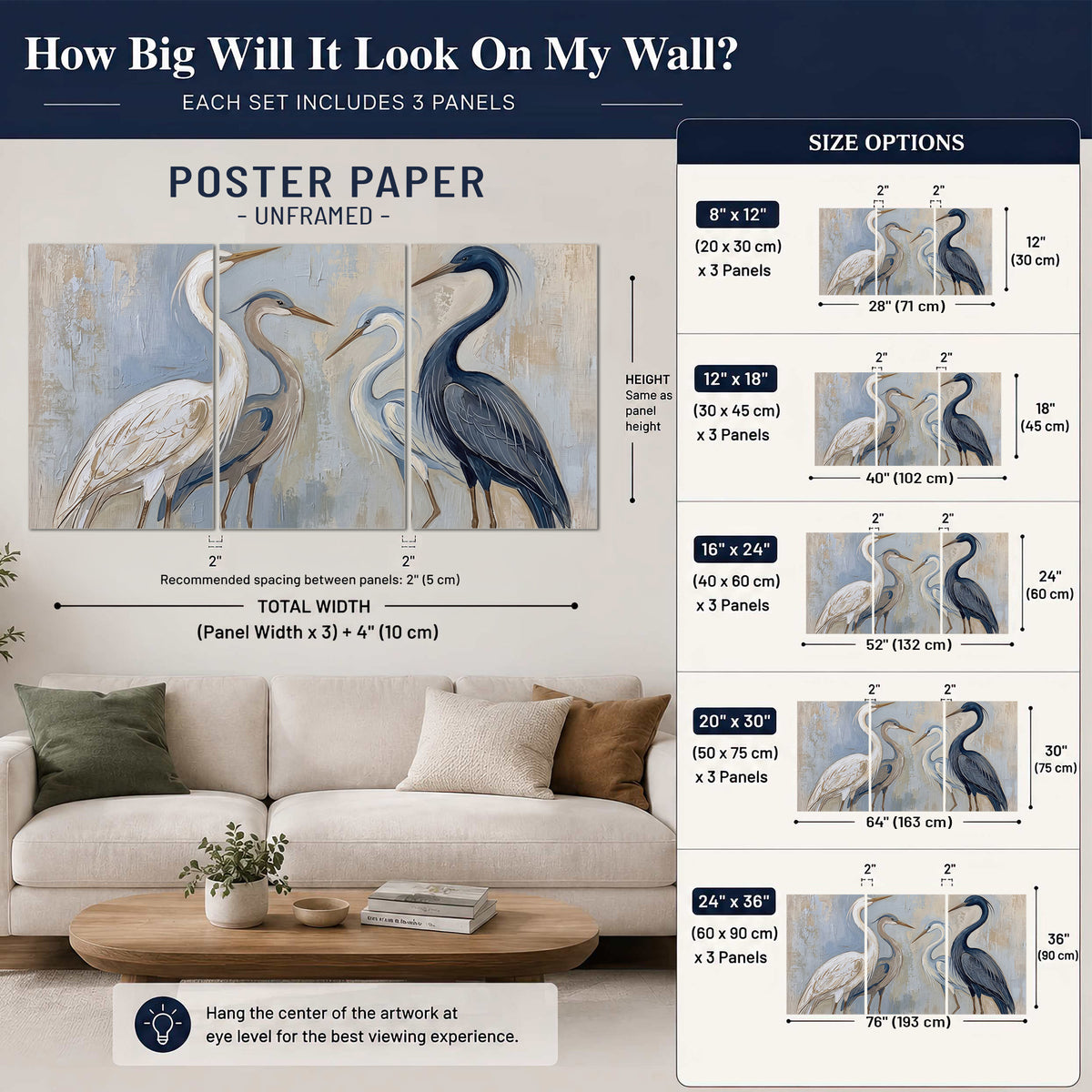 Three long-necked herons in soft ivory and dark blue against pale blue-gray set of 3 poster prints size guide above a sofa; room view is illustrative