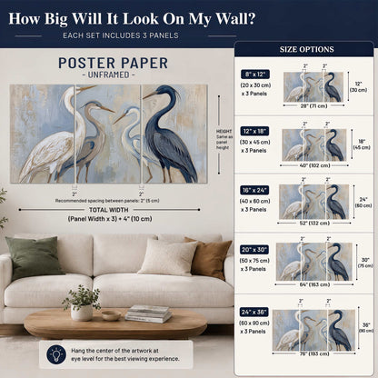 Three long-necked herons in soft ivory and dark blue against pale blue-gray set of 3 poster prints size guide above a sofa; room view is illustrative