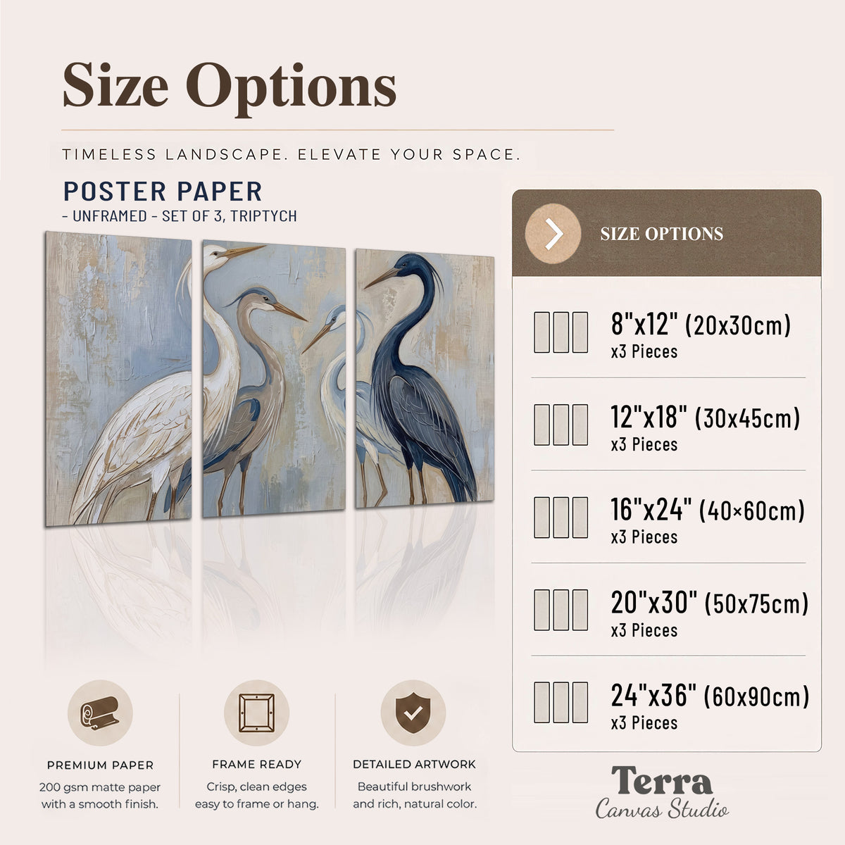Three long-necked herons in soft ivory and dark blue against pale blue-gray set of 3 poster prints available dimensions; triptych dimensions are per panel