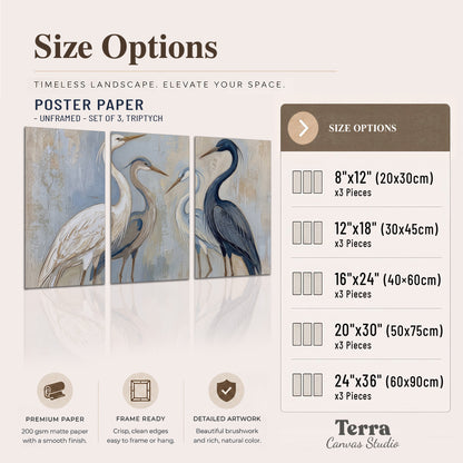 Three long-necked herons in soft ivory and dark blue against pale blue-gray set of 3 poster prints available dimensions; triptych dimensions are per panel