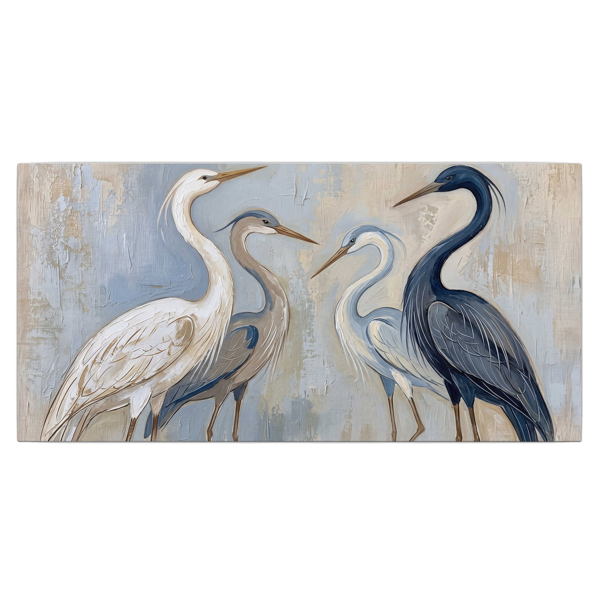Three long-necked herons in soft ivory and dark blue against pale blue-gray single canvas wall art viewed straight on