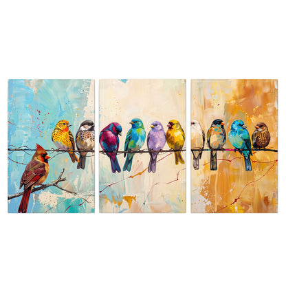 A row of brightly colored birds against expressive turquoise and ochre 3 piece canvas wall art viewed straight on
