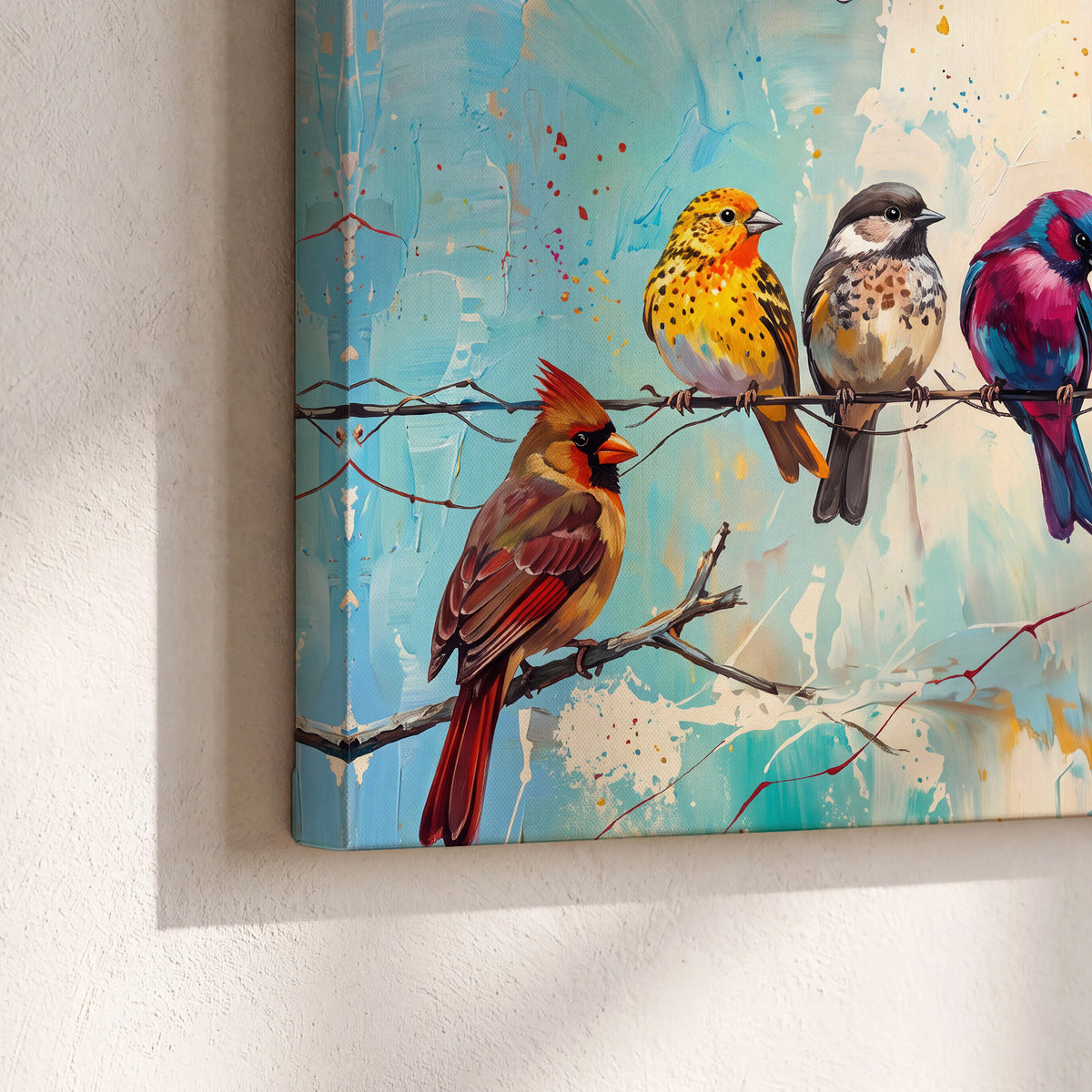 A row of brightly colored birds against expressive turquoise and ochre 3 piece canvas wall art material and edge close up