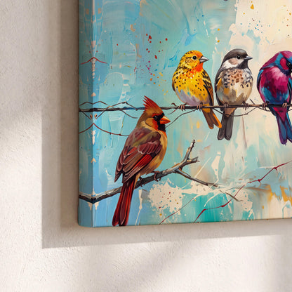 A row of brightly colored birds against expressive turquoise and ochre 3 piece canvas wall art material and edge close up
